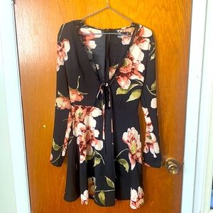 Black Floral Spring Dress with Lace and Front Tie